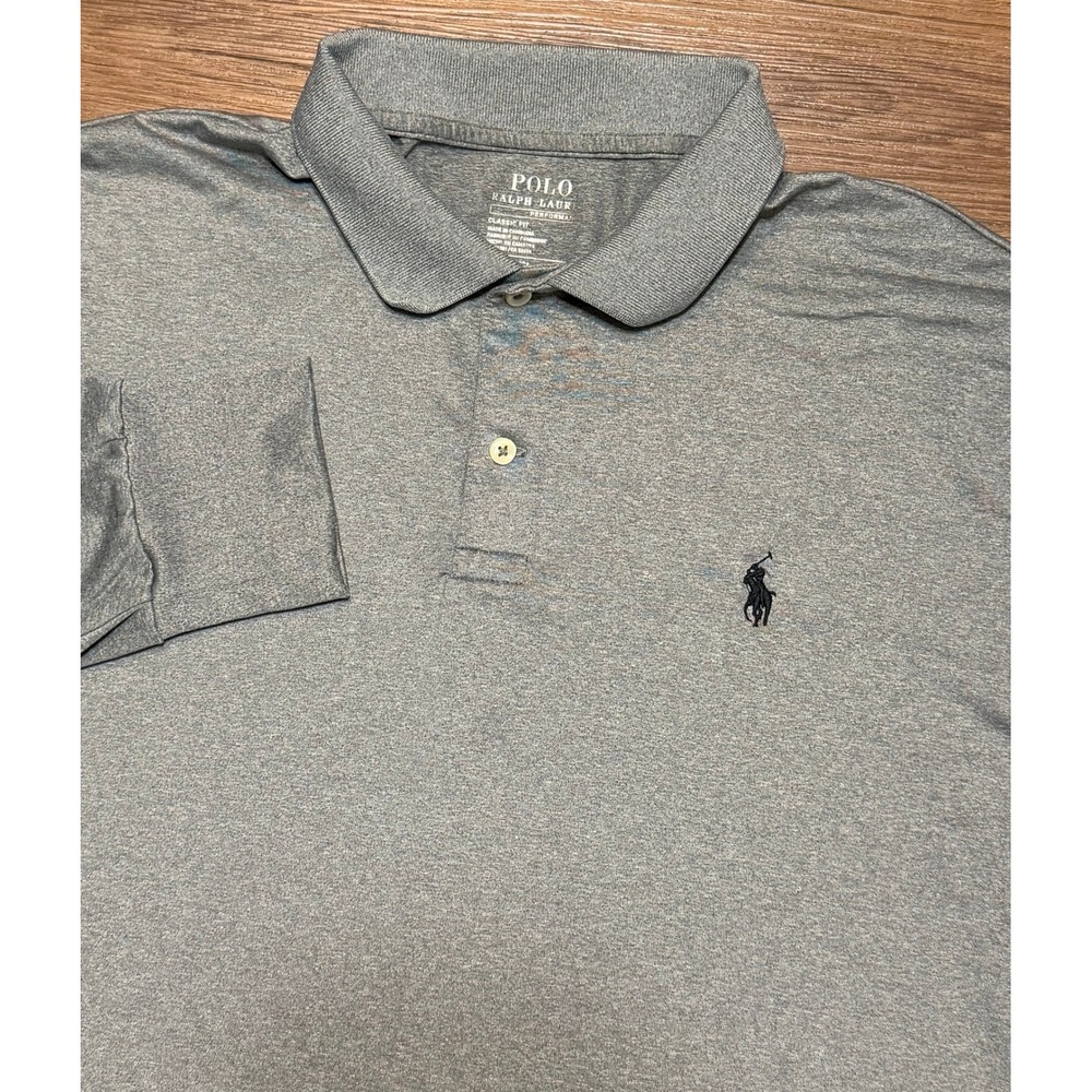 Polo Ralph Lauren Performance Mens Grey Long Sleeve Classic Fit Polo Shirt Sz L